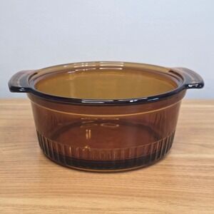 Vintage Anchor Hocking Fire King 1 QT Ribbed Casserole Dish Amber 436 No Lid